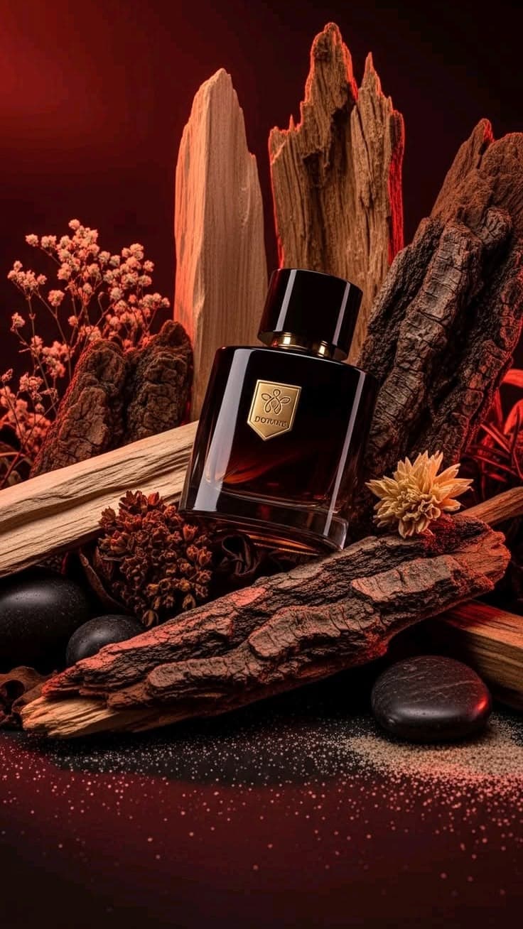 A hand arranging reeds into a diffuser bottle