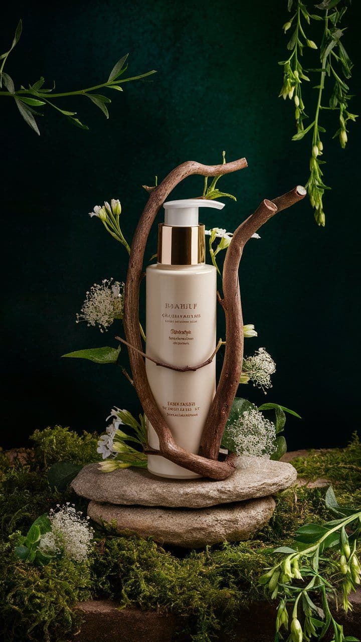 A row of fragrance bottles lined up on a pale shelf